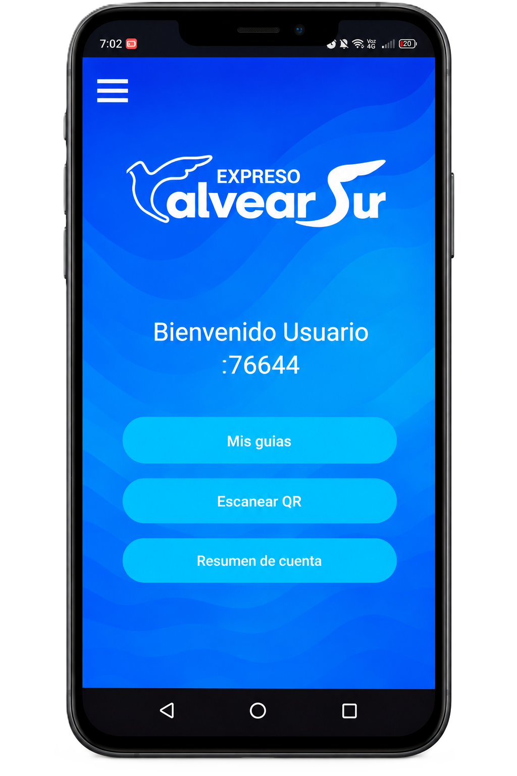 App de gesti&oacute;n de Expreso Alvear Sur en un celular